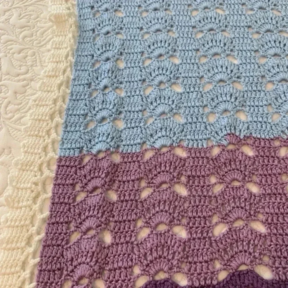 Afghan Crochet Blanket Size 54”x38” Ivory Blue Purple Lacy Edge Hand Crafted New